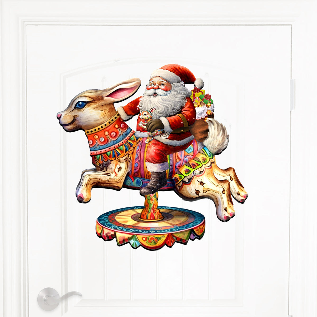 Santa Claus on Bunny Carousel Holiday Door Decor by G. Debrekht - Christmas Santa Snowman Decor - 8611067H