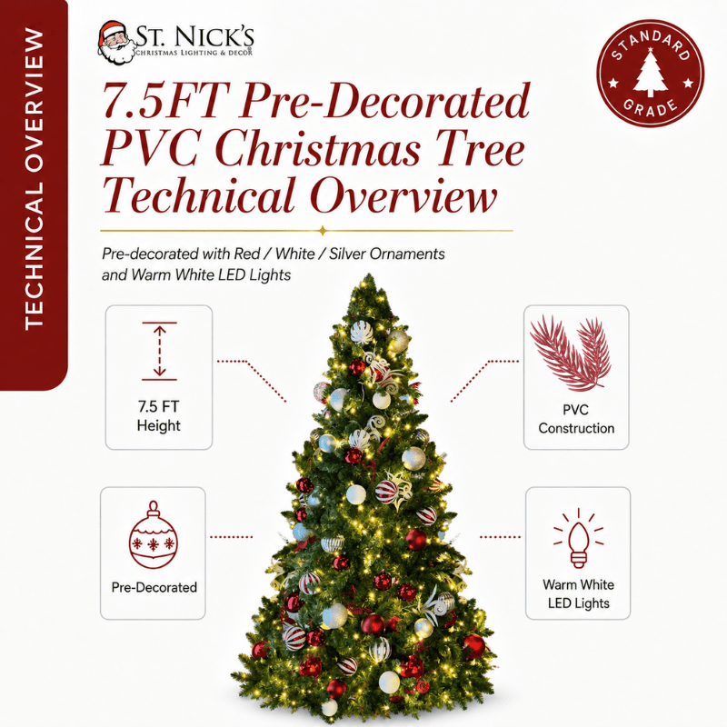 7.5FT Pre-Decorated Commercial PVC Christmas Tree with Red, Burgundy & Gold Ornaments