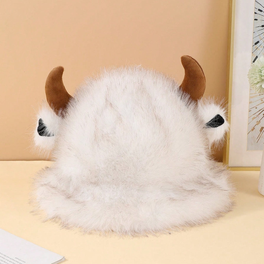 Halloween Cute Cowhorn-shaped Small-ear Plush Fisherman Hat With Stars - Versatile And Thick Outdoor Warm Fleece Hat