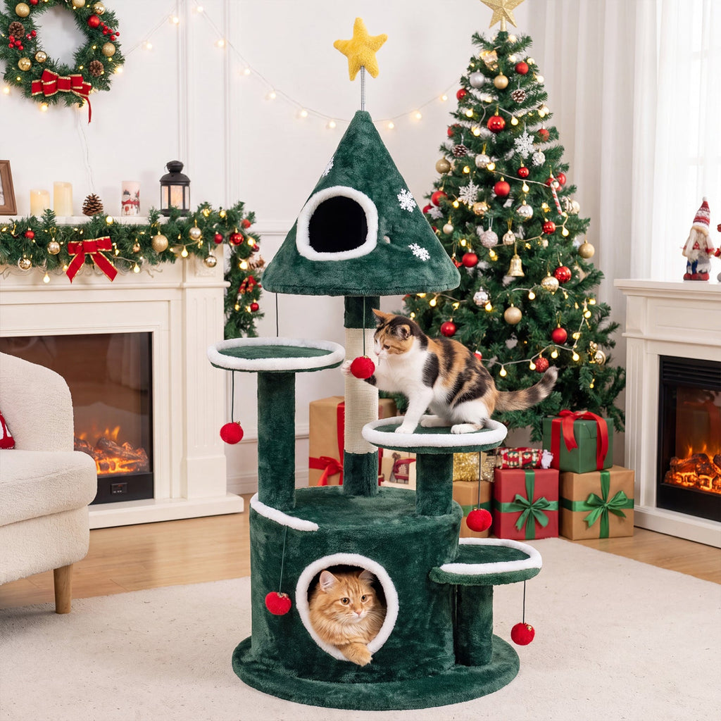 50" Christmas Cat Tree with 2 Condos & Scratching Post