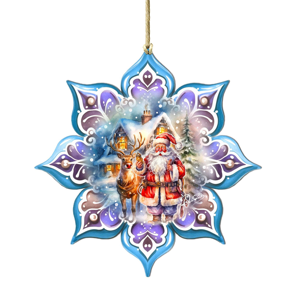 Santa with Reindeer Snowflake Wooden Ornaments by G. Debrekht - Christmas Santa Snowman Decor - 8688405