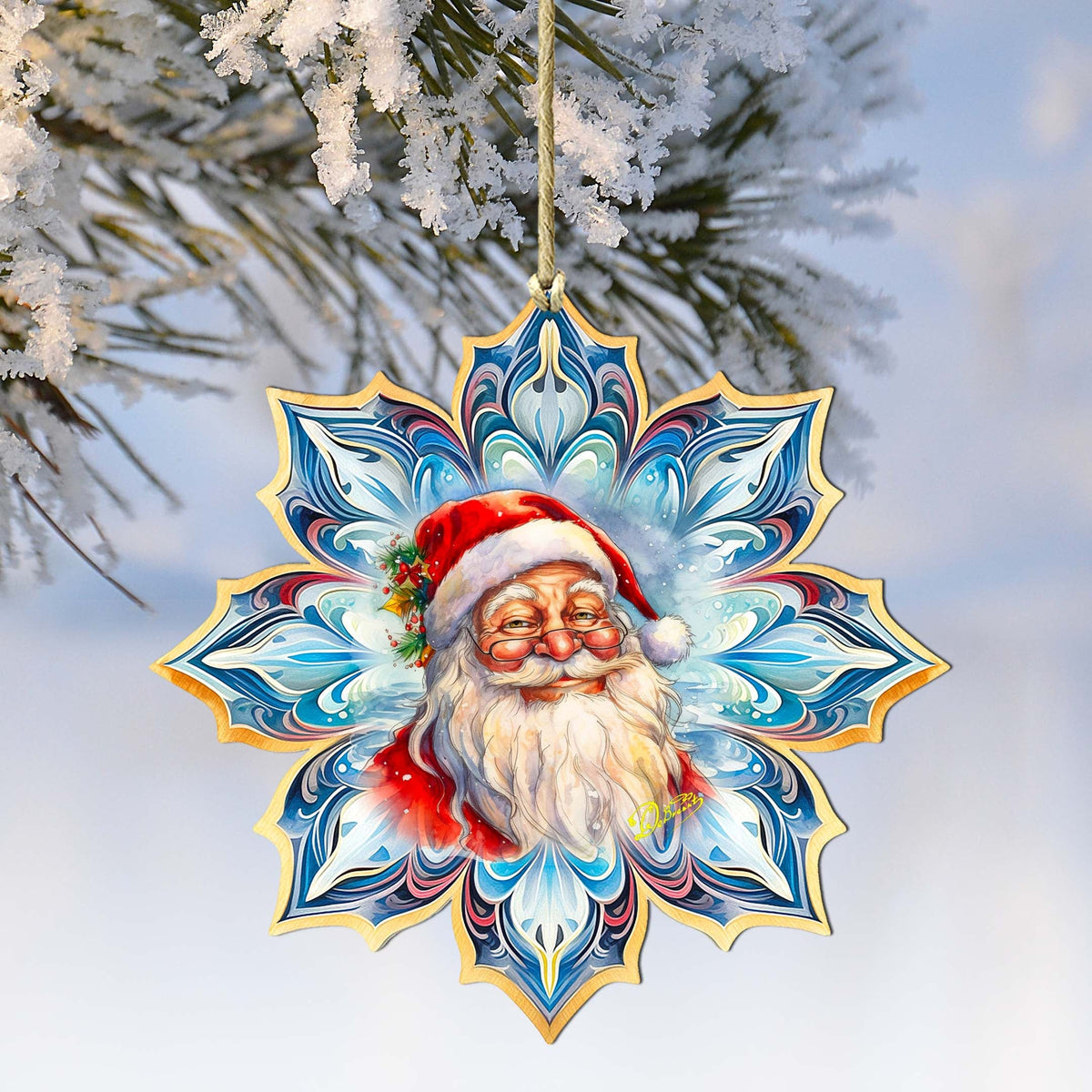 Santa Face Snowflake Wooden Ornaments by G. Debrekht - Christmas Santa Snowman Decor - 8688424