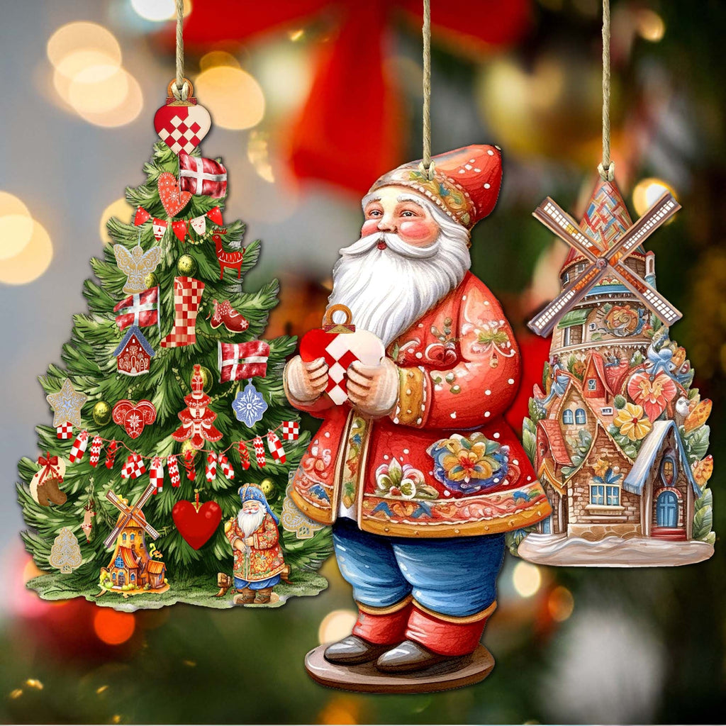 Santas Around the World - Danish Inspired Santa - Eco Wood Ornaments Set of 3 by G. DeBrekht Christmas Santa Snowman Decor - 8091302S3