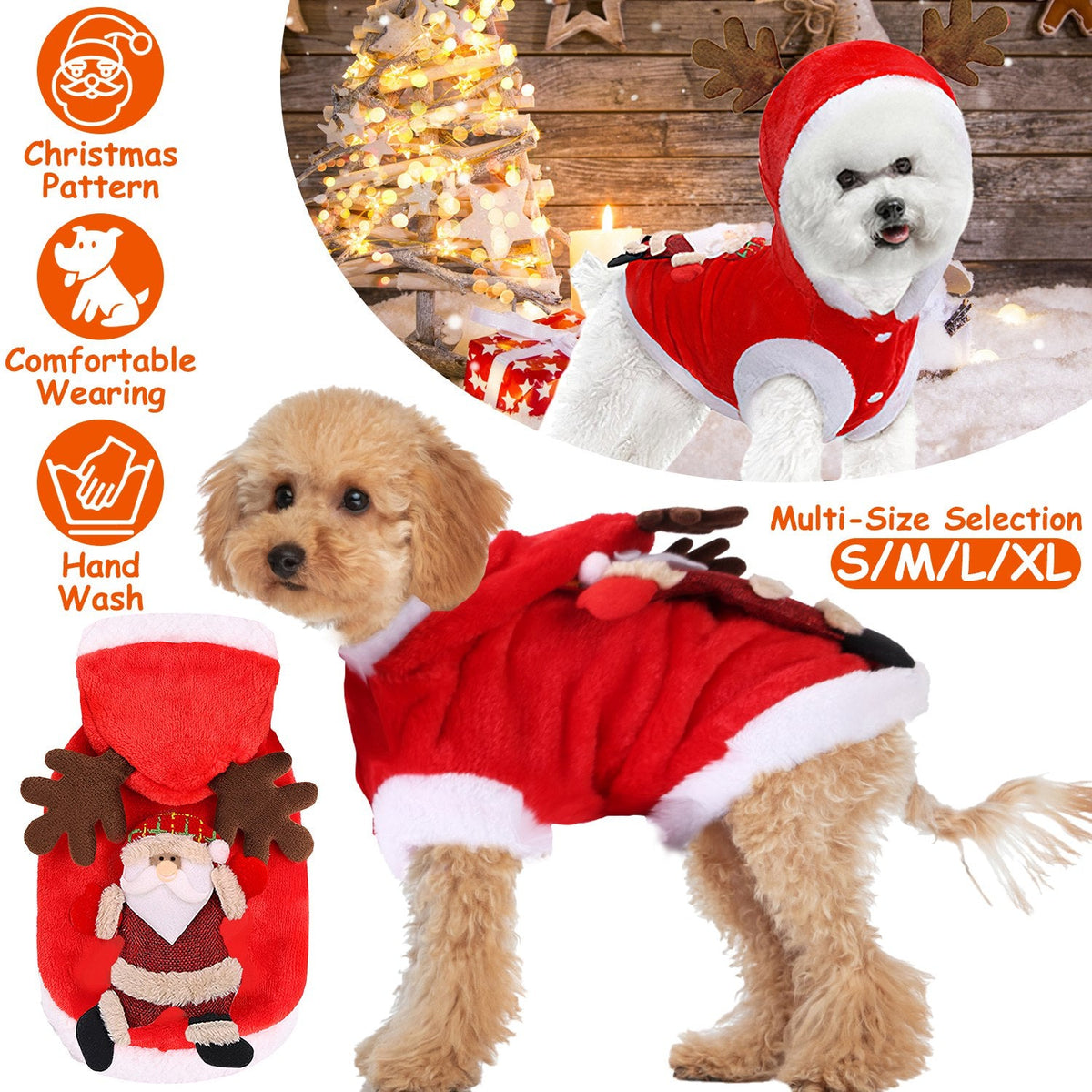Pet Christmas Clothes Santa Claus Reindeer Antlers Costume Winter Outfit New Year Coat For Small Medium Dogs Cats Available in S/M/L/XL