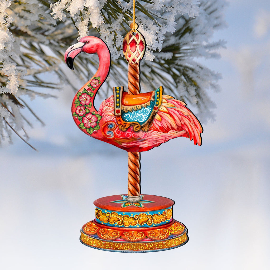 Pink Flamingo Carousel Christmas Wooden Ornaments by G. DeBrekht - Carousel Holiday Decor - 8652752