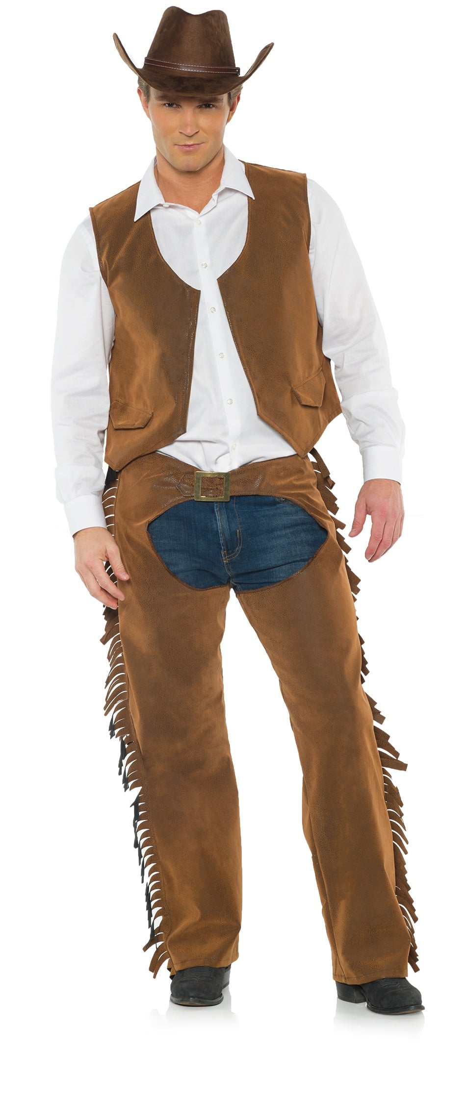 Wild West Cowboy Brown Chaps and Vest Adult Costume Size XXL