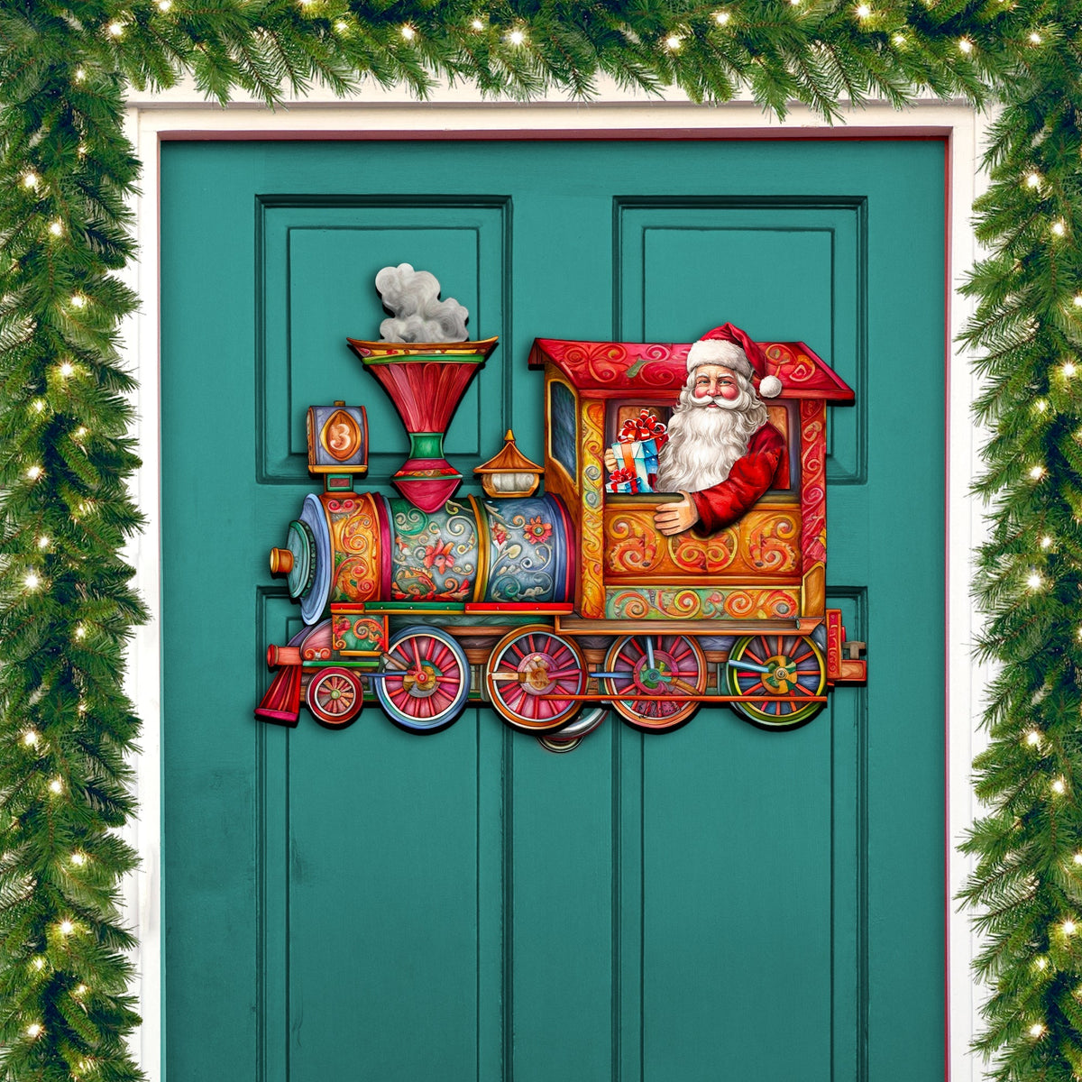 Santa's Train Holiday Door Decor by G. Debrekht - Christmas Santa Snowman Decor - 8611090H
