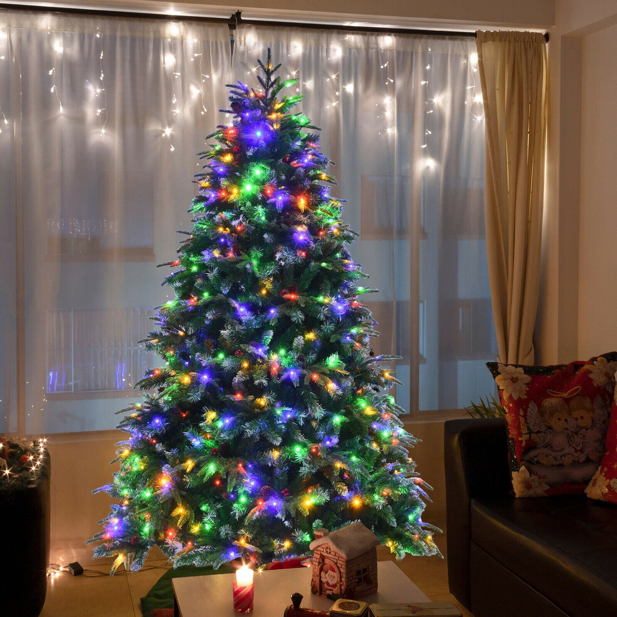 Pre-Lit Snowy Christmas Hinged Tree with Multi-Color Lights