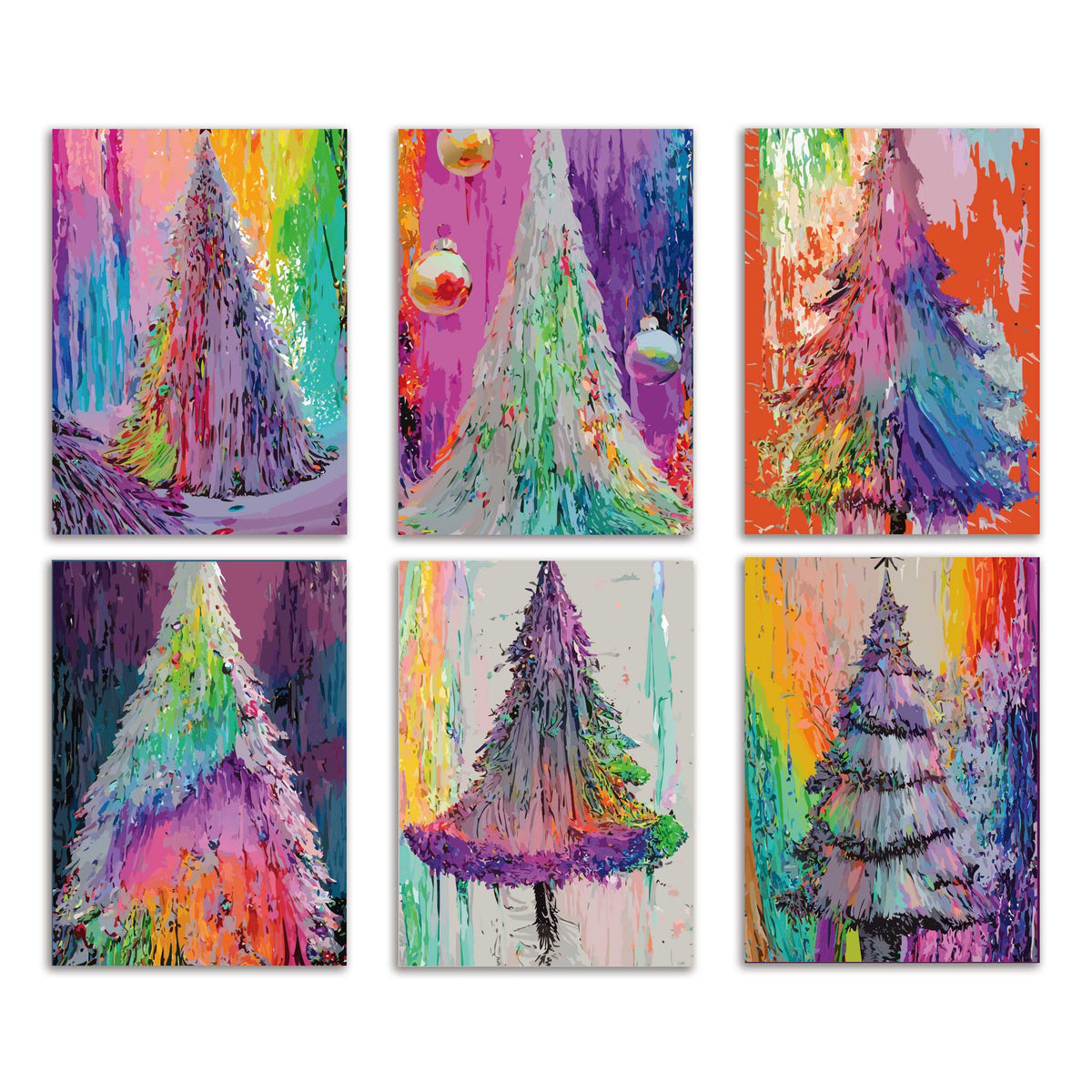 Technicolor Tinsel Christmas Tree Greeting Cards, Set of 24