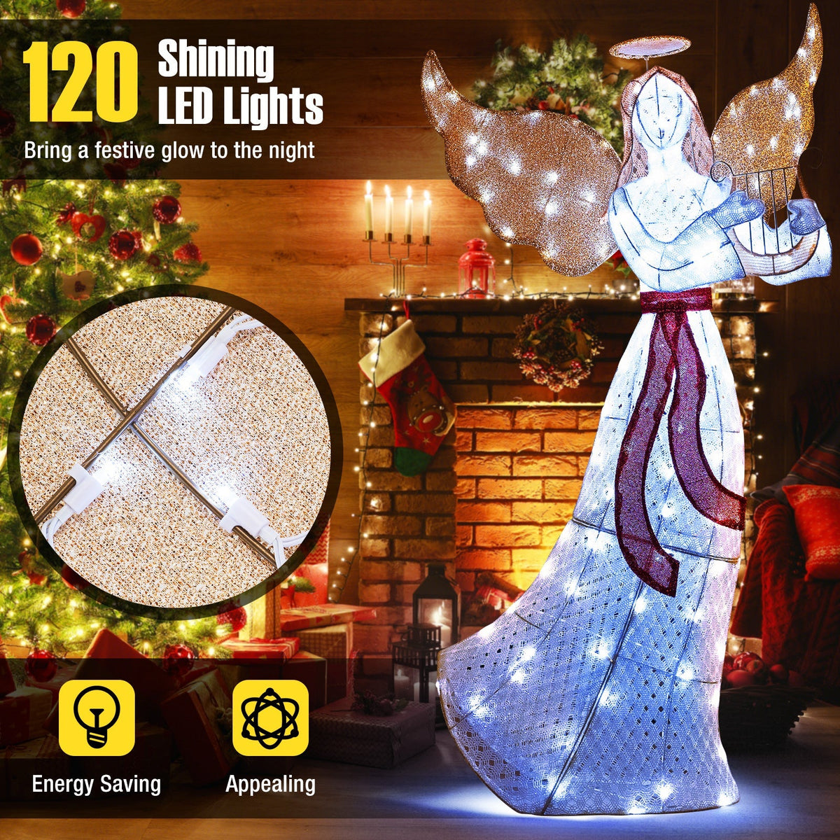 5 ft Christmas Lighted Angel with Harp and 120 Cold White LED Lights