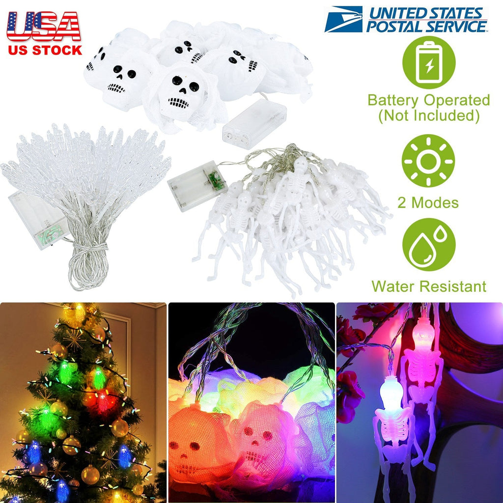 3Pcs Halloween Light Decorations Total 50 LEDs 24ft Halloween String Lights Colorful 3D Skeleton Ghost String Lights Gauze Skull String Lights Spooky