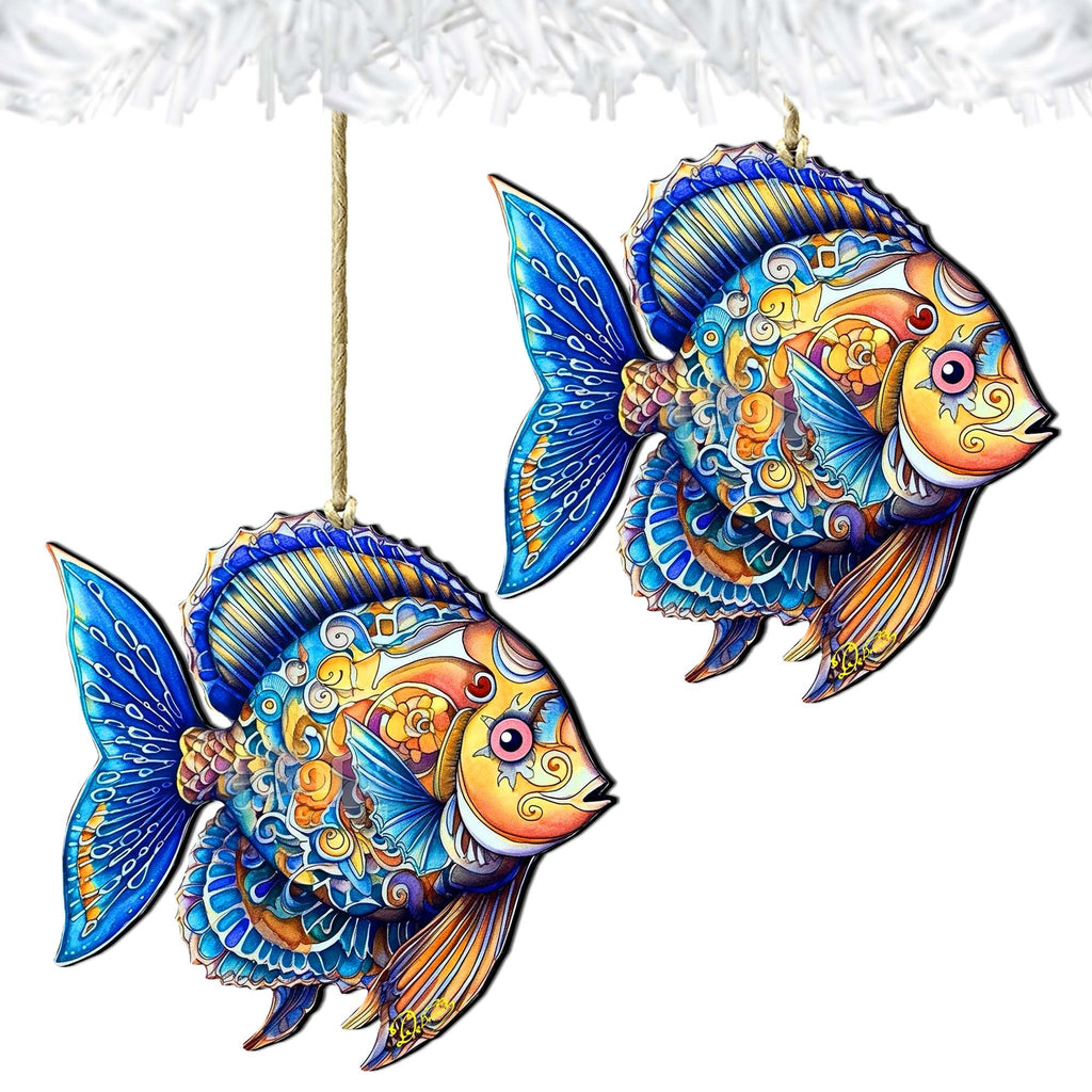 Coastal Christmas Decor - Azure Angel Fish Wooden Ornaments by G.Debrekht Coastal Holiday Decor - 8688303