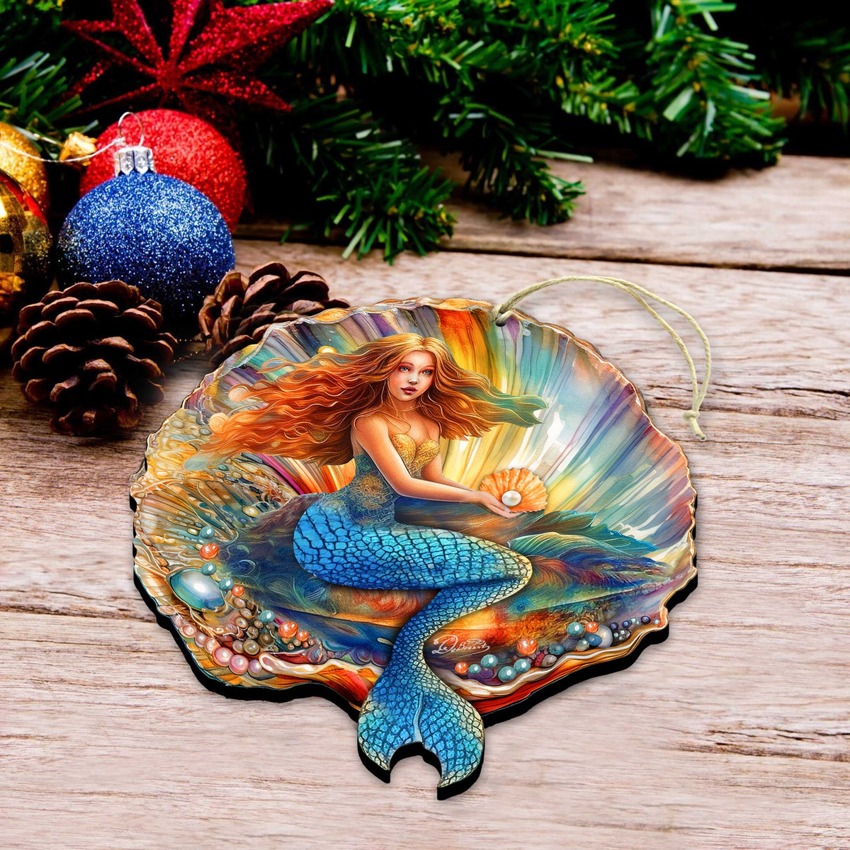 Nautical Christmas Decor - Mermaid in the Shell Wooden Ornaments by G.Debrekht Coastal Holiday Decor - 8688200