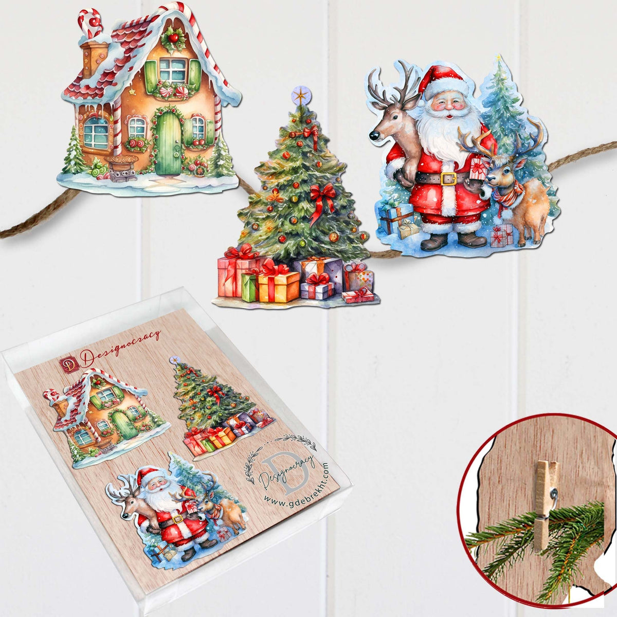 Christmas Is Here Clip-On Eco Wood Decorative Ornaments Set of 3 by G. Debrekht - Christmas Decor - 8091028C-S3