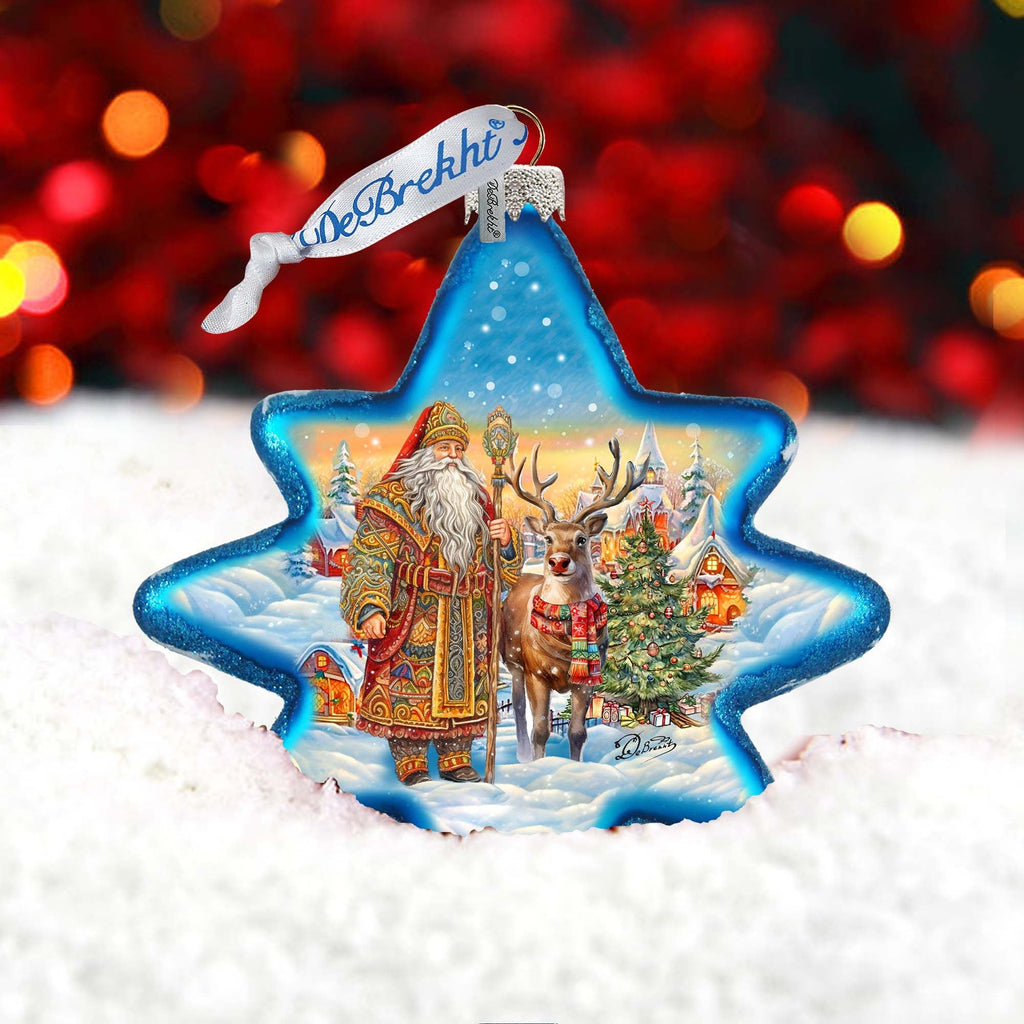Santa with Reindeer Star Glass Ornament by G. Debrekht - Christmas Santa Snowman Decor - 755-050