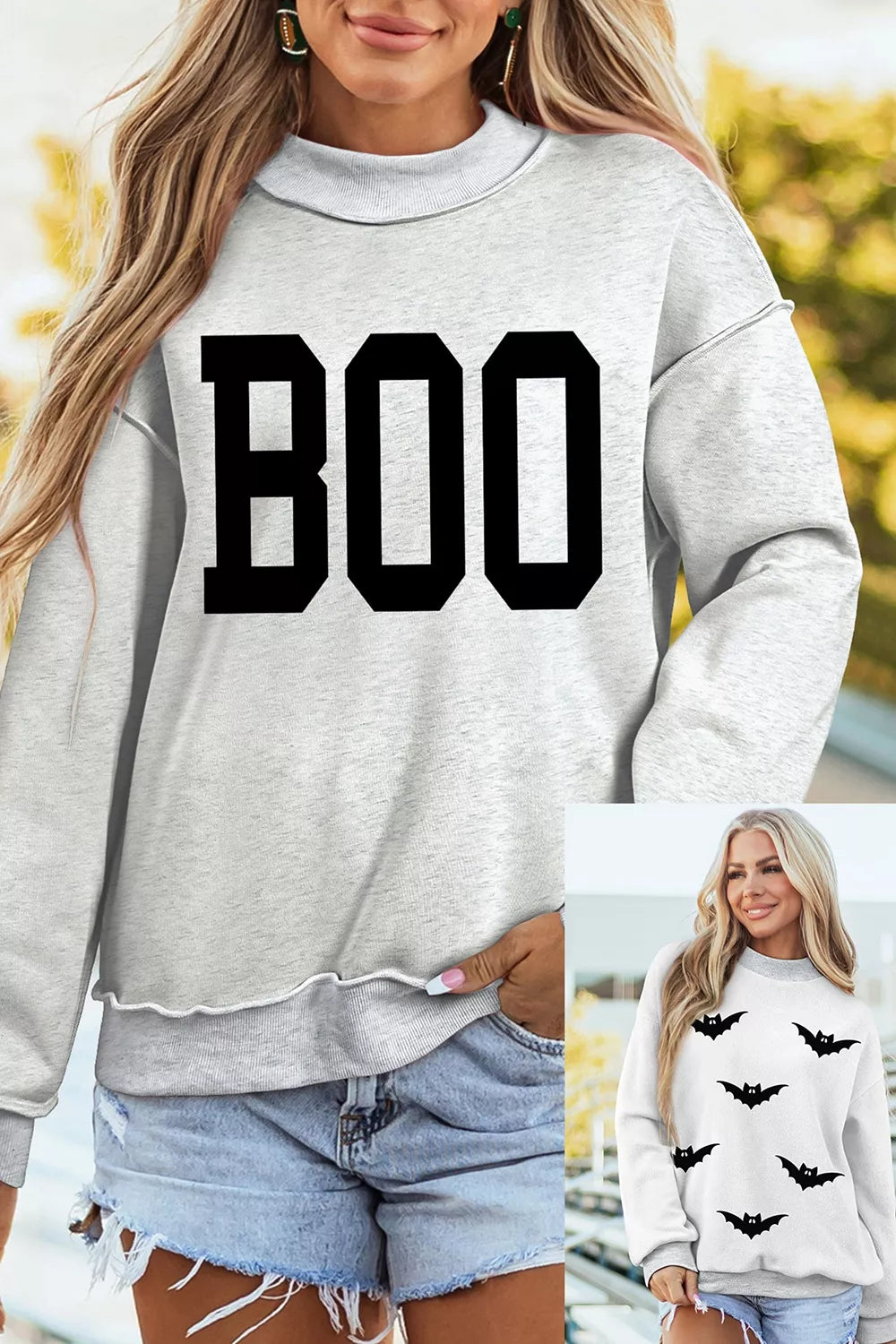 Halloween BOO & Bat Printed Reversible Mock Neck Sweatshirt