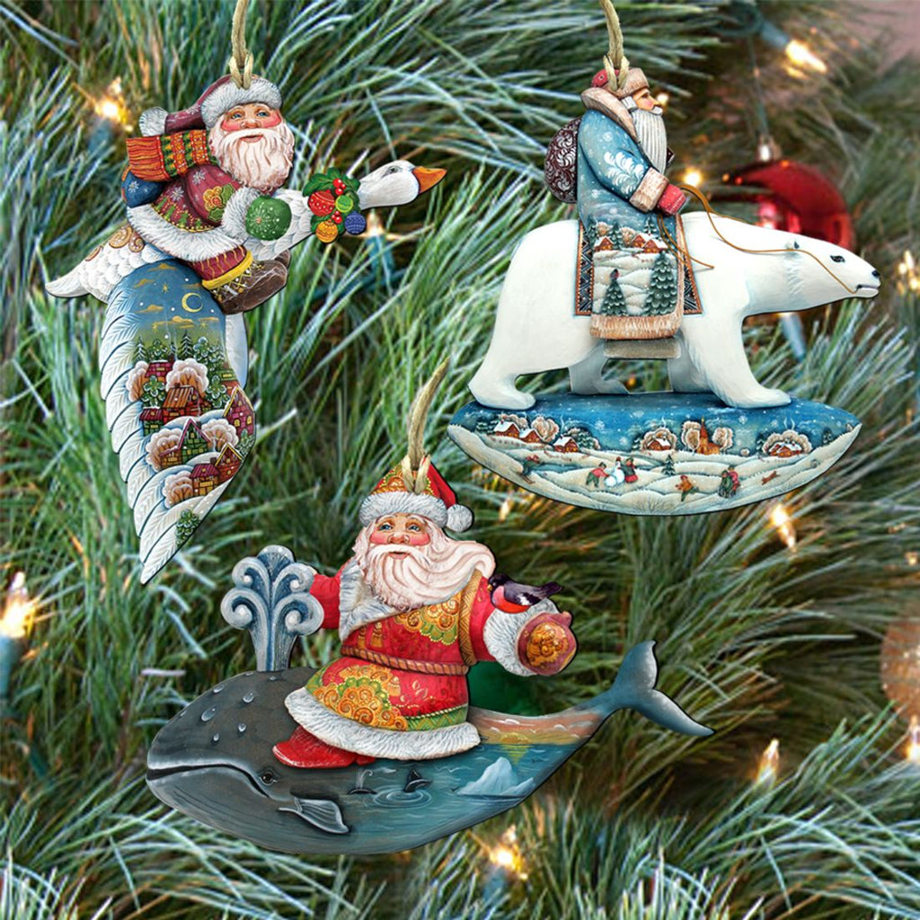 Travel Ride Wooden Ornaments Set of 3 by G. DeBrekht - Christmas Santa Snowman Decor - 8100014S3