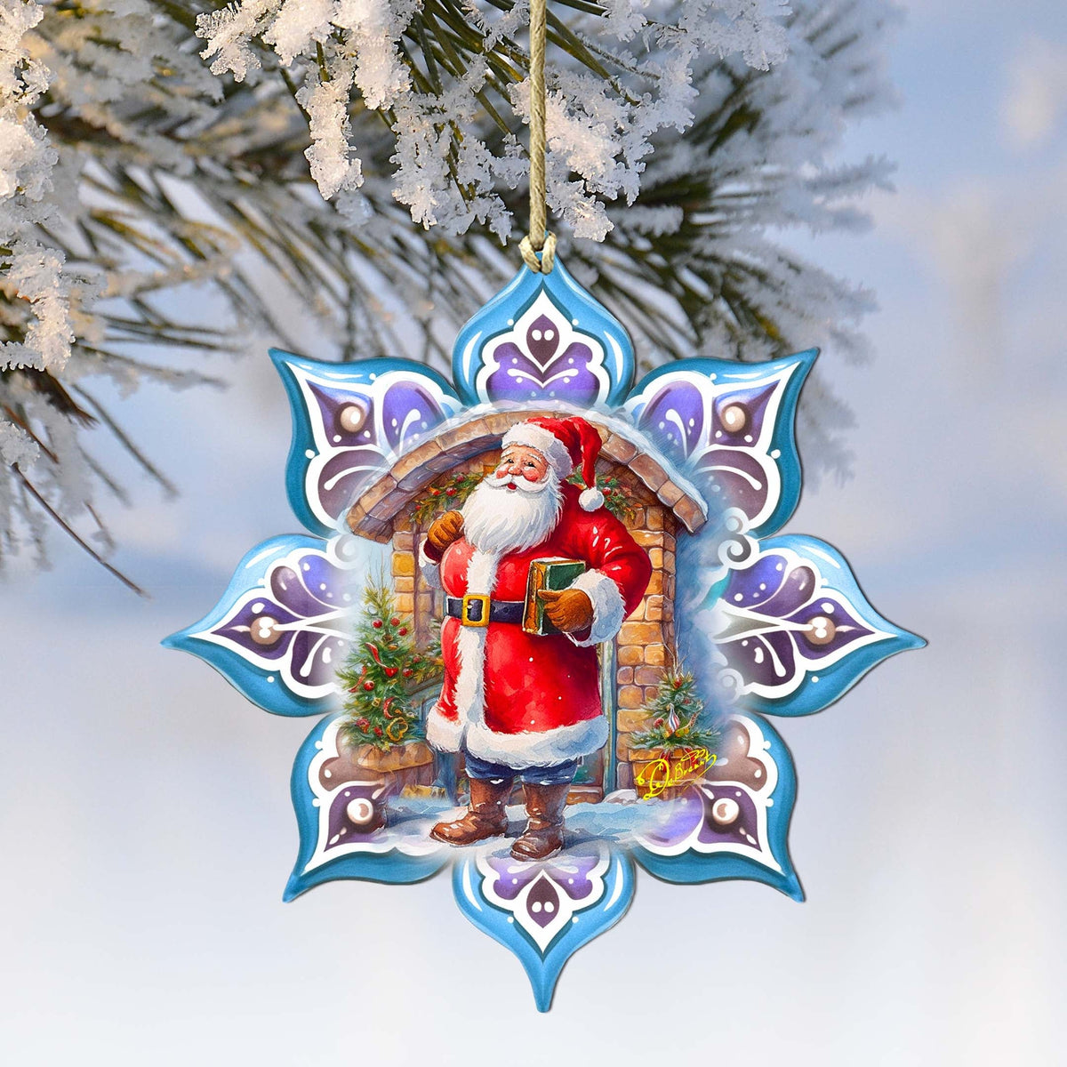 Santa with Book Snowflake Wooden Ornaments by G. Debrekht - Christmas Santa Snowman Decor - 8688420