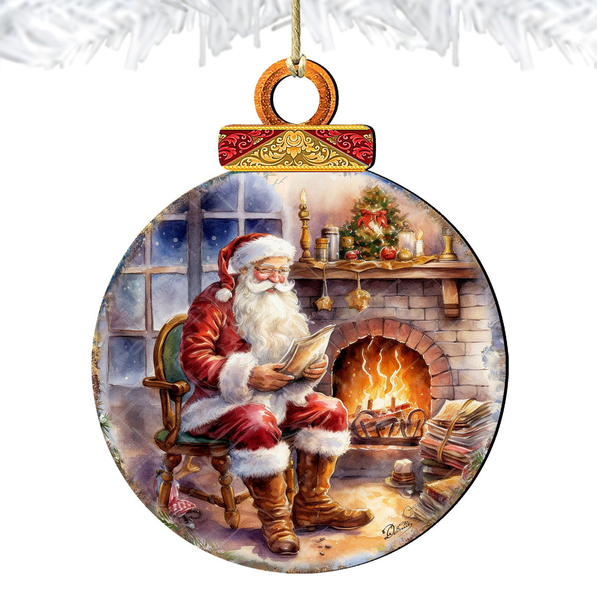 Santa at the Fireplace Wooden Ornaments by G. Debrekht Christmas Santa Snowman Decor - 8611089