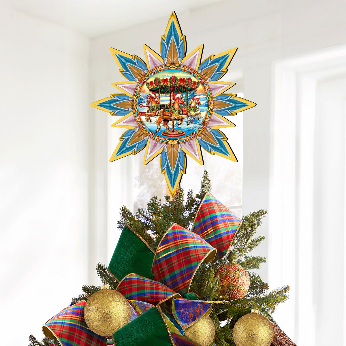 Christmas Carousel Star Tree Topper Wooden Decor by G. Debrekht - Carousel Holiday Decor - 89506