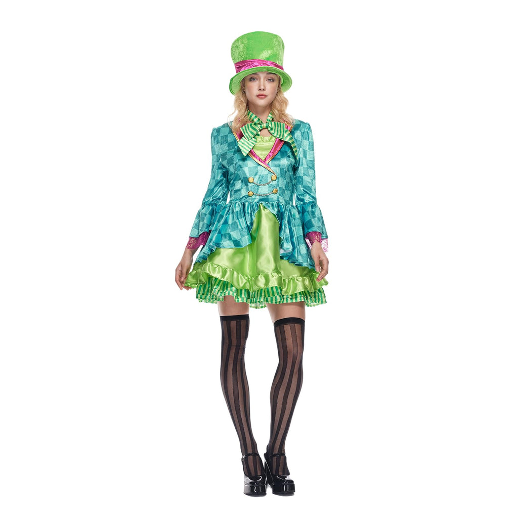 Women's Mad Hatter Costume - Green Dress with Top Hat and Bow Tie