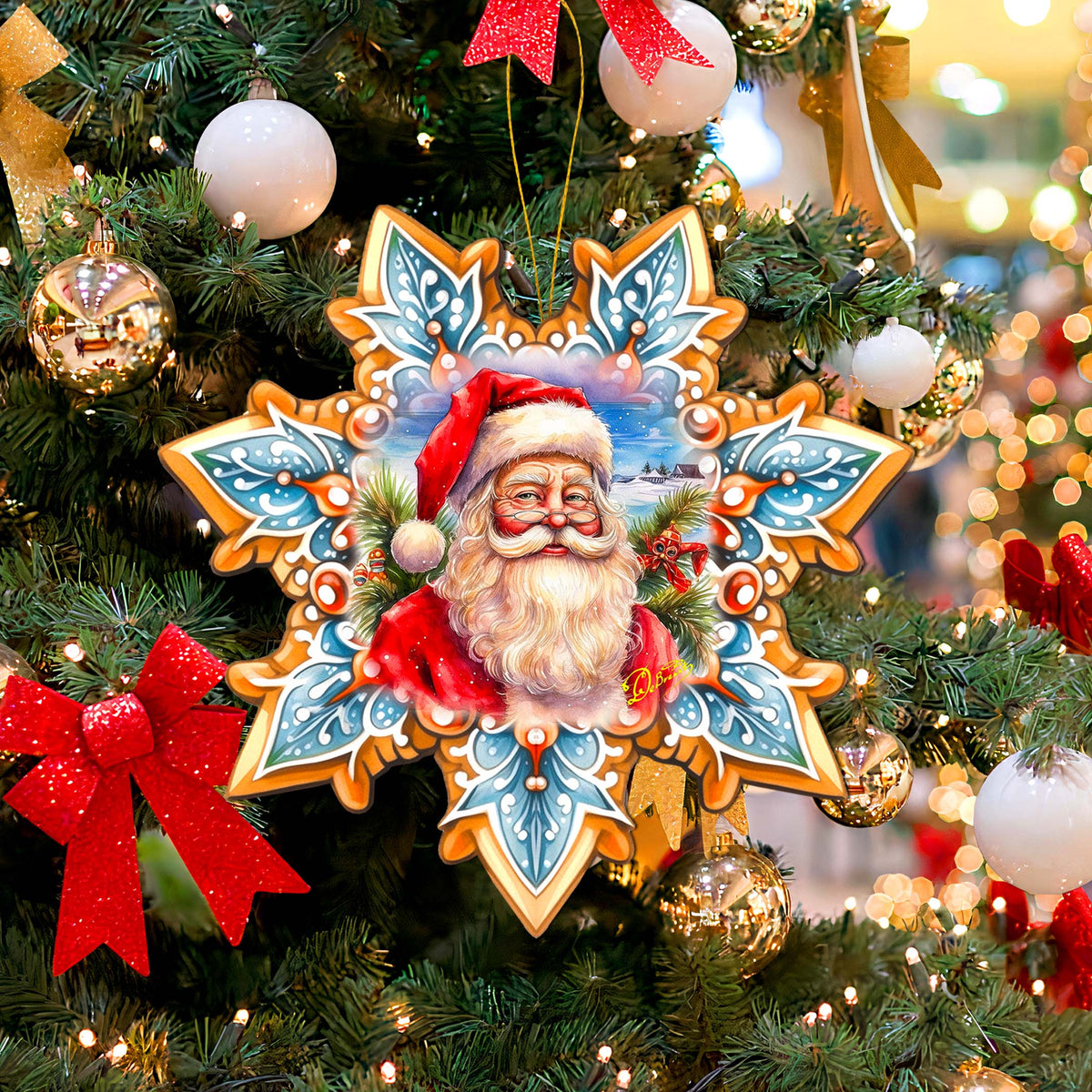 Santa Snowflake Large Wooden Ornament by G. Debrekht - Christmas Santa Snowman Decor - 8688422M