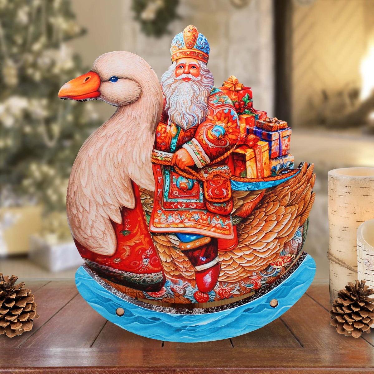 Charming Santa Riding Goose Limited Edition Wooden Figurine Centerpiece by G. Debrekht - Christmas Decor - 89314