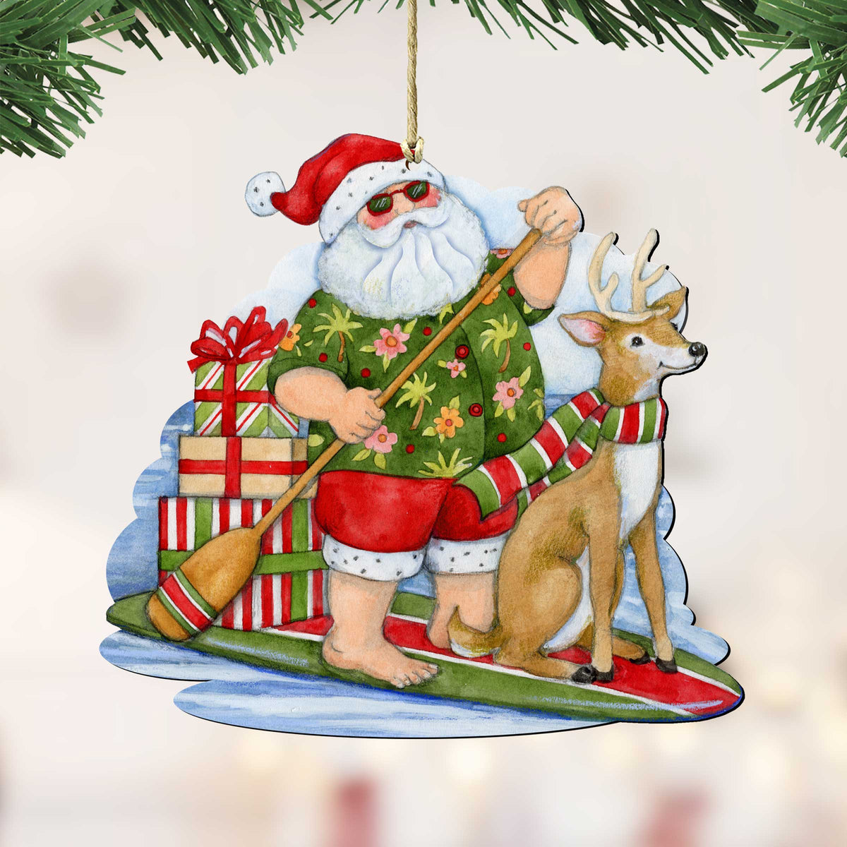 Christmas Decoration Paddleboarding Santa - Handmade Wooden Tree Ornament by Susan Winget - 8471114-SW