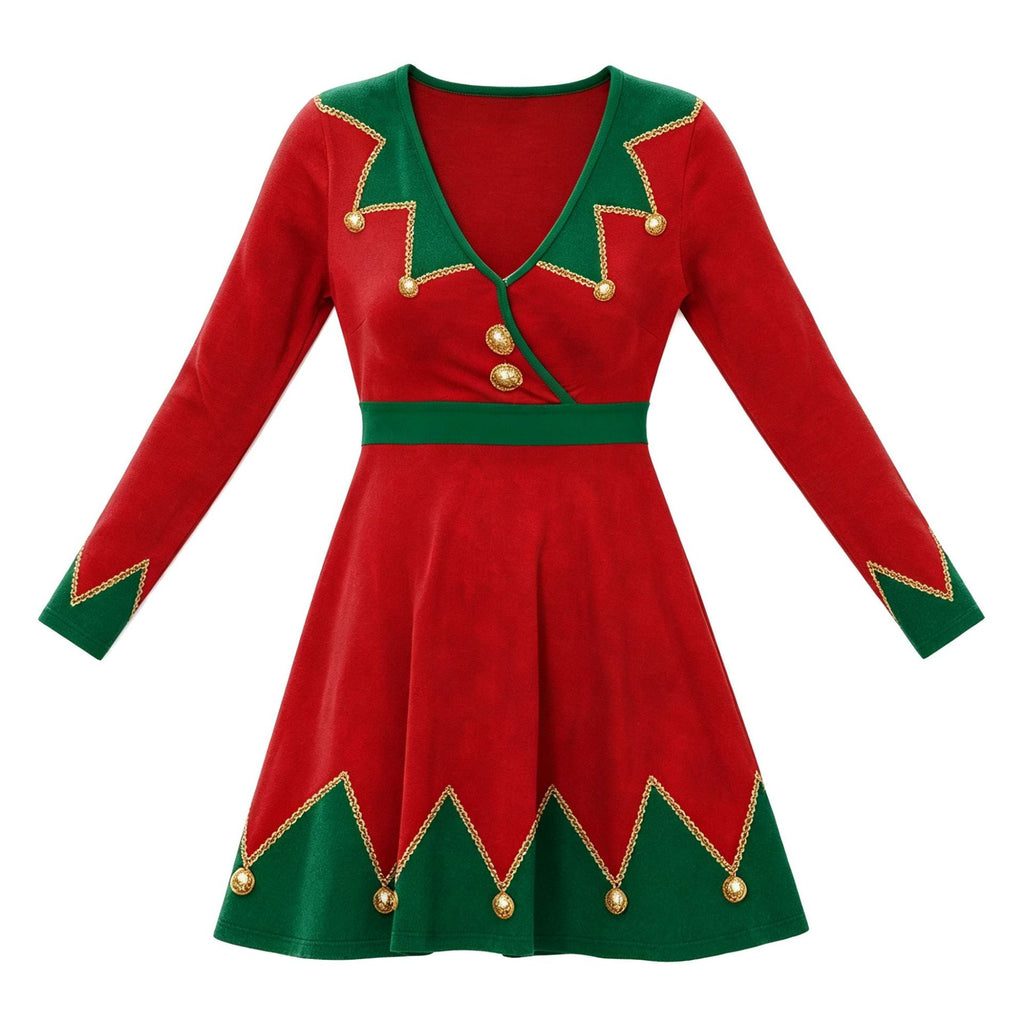 Contrast-color Long-sleeve V-neck Christmas Party Dress For Women