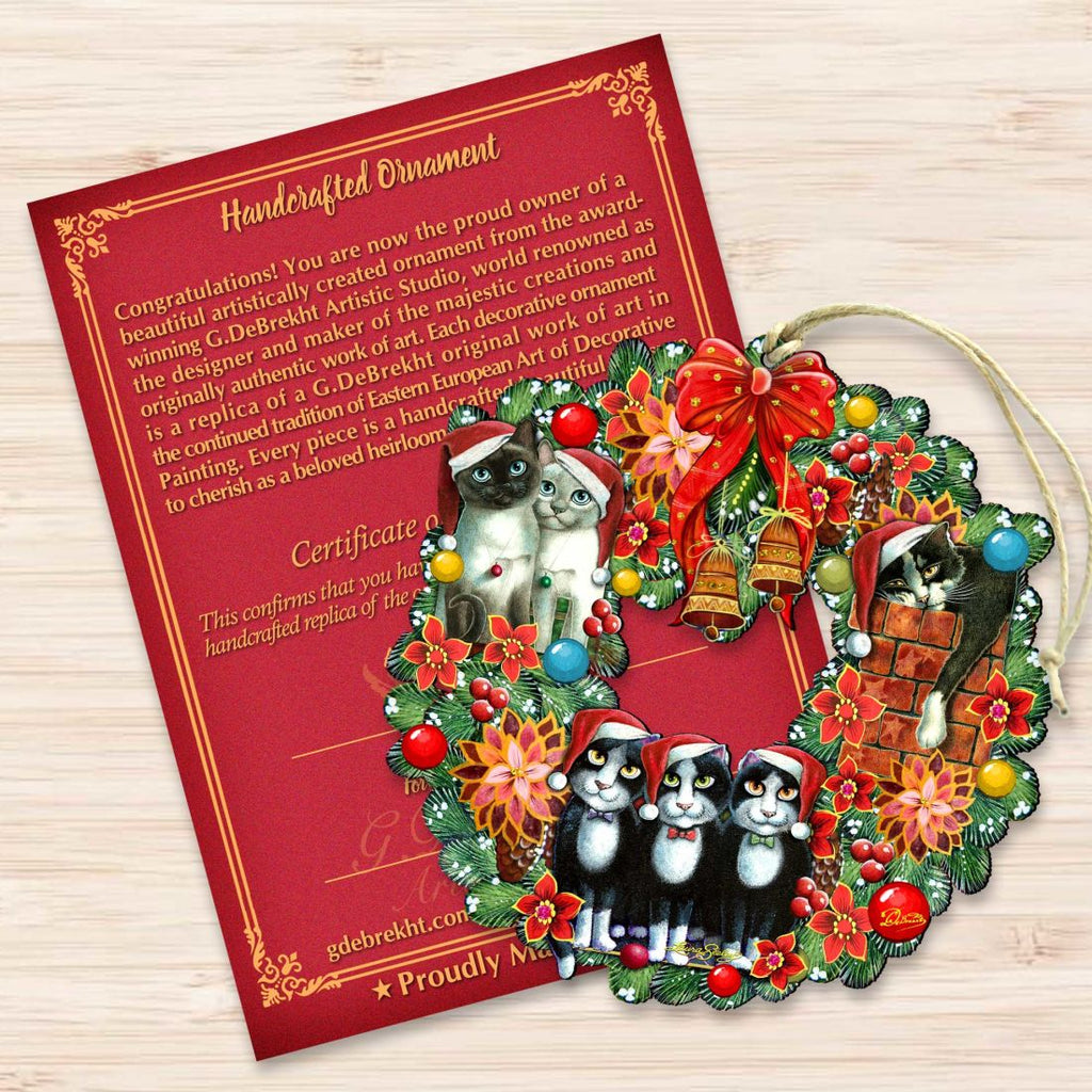 Christmas Friends Kitty Wreath Wooden Ornaments by G. DeBrekht and L. Seeley - Pets Dog and Cats Decor - 8185307-5-SL