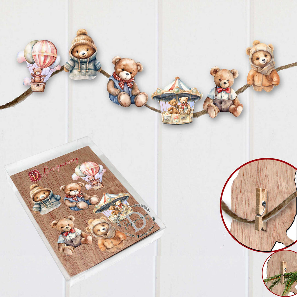 Teddy Bear Clip-On Eco Wood Decorative Ornaments Set of 6 by G. Debrekht - Christmas Decor - 8090025C-S6
