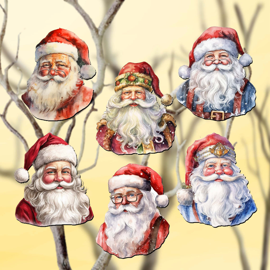 Jolly Santa Faces Clip-On Eco Wood Decorative Ornaments Set of 6 by G. Debrekht - Christmas Decor - 8090045C-S6