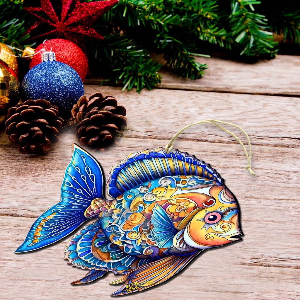 Coastal Christmas Decor - Azure Angel Fish Wooden Ornaments by G.Debrekht Coastal Holiday Decor - 8688303