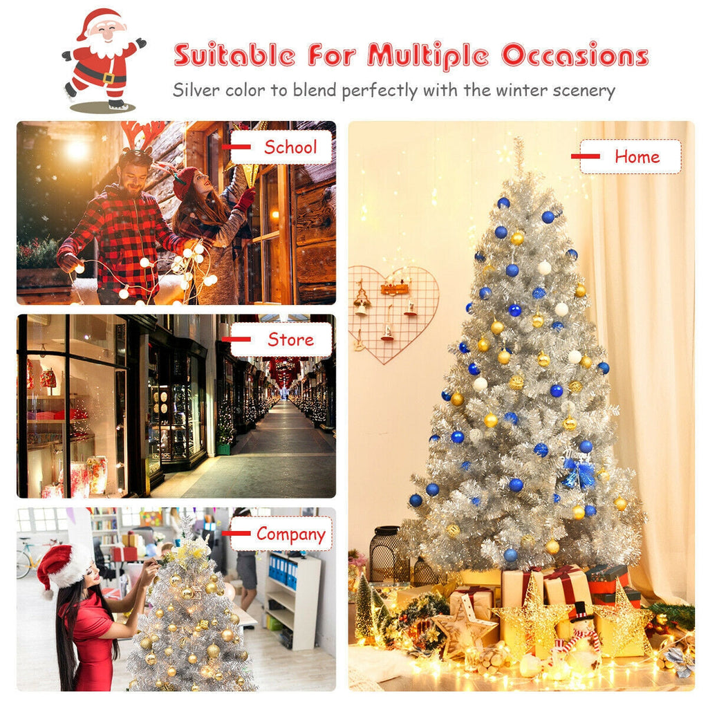7.5 Ft Hinged Unlit Artificial Silver Tinsel Christmas Tree