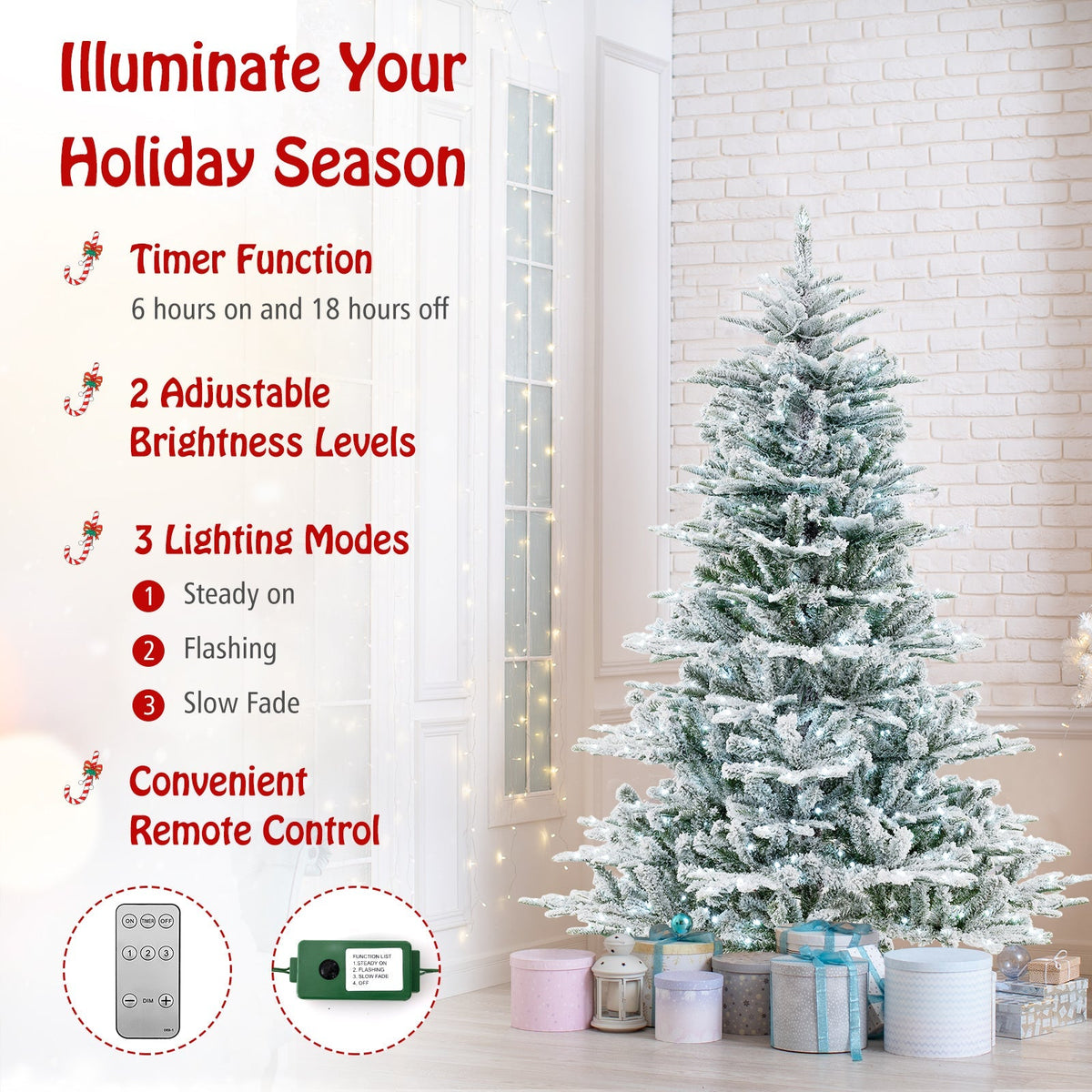 6 Feet Snow Flocked Artificial Christmas Tree with Cool White LED Lights
