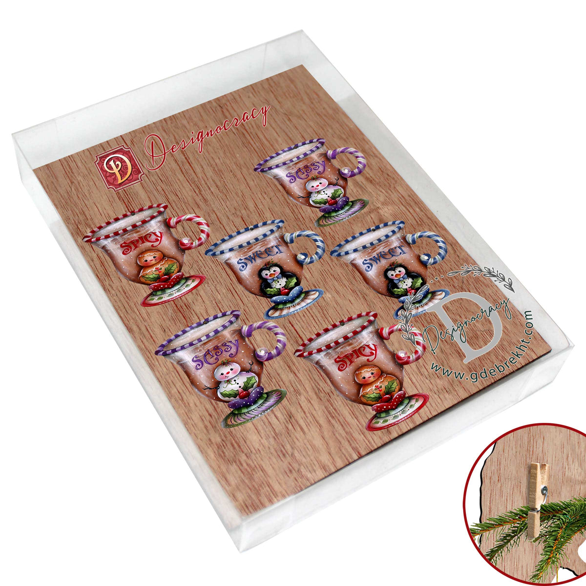 Sweet and Spicy Season Clip-On Eco Wood Decorative Ornaments Set of 6 by Jamie Mills-Price - Christmas Decor - 8090053C-MP-S6