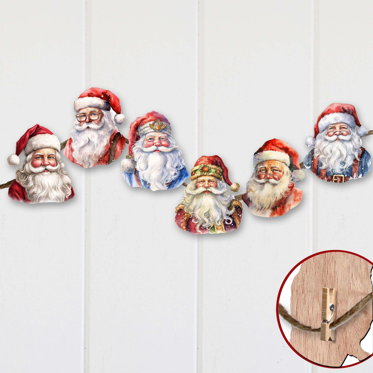 Jolly Santa Faces Clip-On Eco Wood Decorative Ornaments Set of 6 by G. Debrekht - Christmas Decor - 8090045C-S6