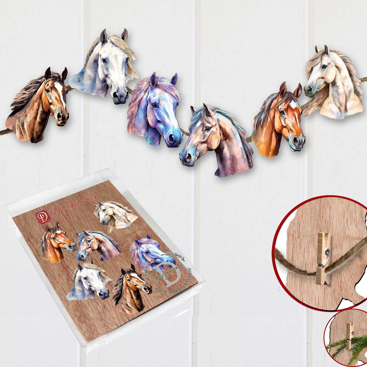Horses Clip-On Eco Wood Decorative Ornaments Set of 6 by G. Debrekht - Christmas Decor - 8090039C-S6
