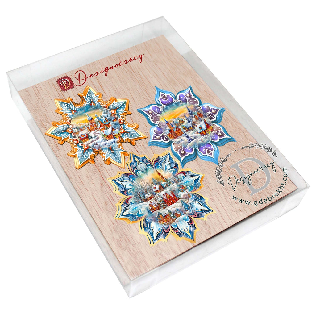 Winter Village Snowflake Eco Wood Ornaments Set of 3 by G. Debrekht - Christmas Decor - 8090146-S3