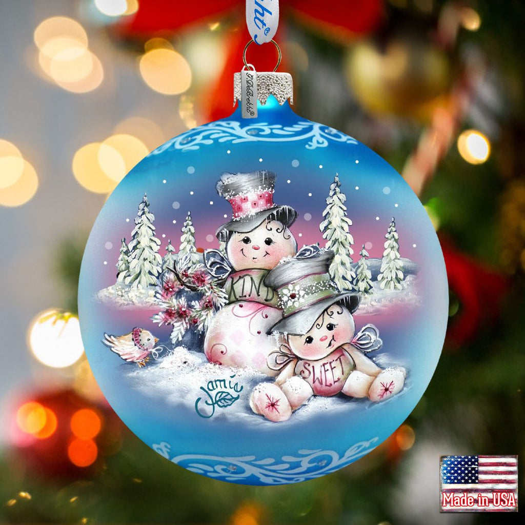 Kind Sweet Snowman Family Glass Ornament by Jamie Mills-Price - Christmas Santa Snowman Decor - 71201-0113