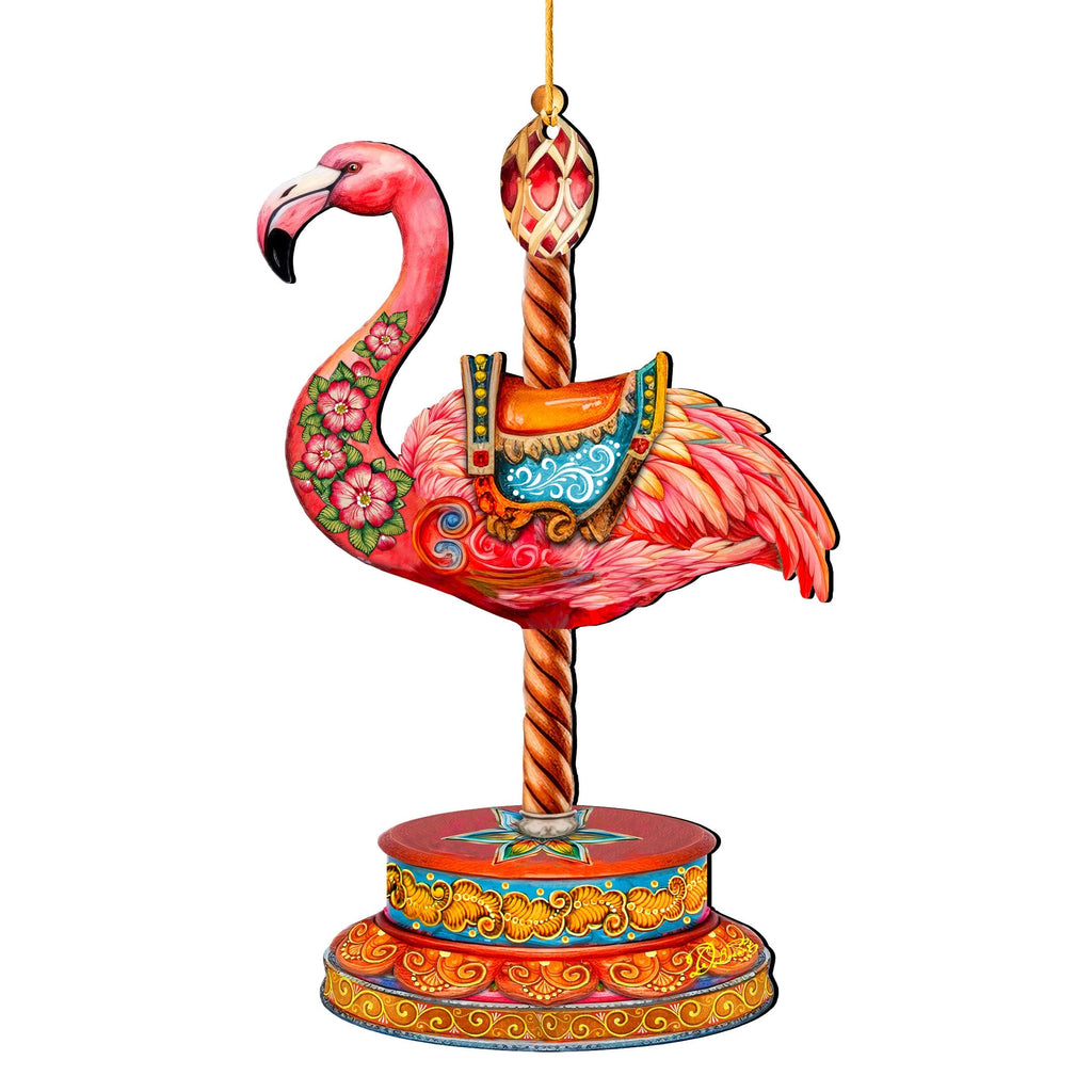Pink Flamingo Carousel Christmas Wooden Ornaments by G. DeBrekht - Carousel Holiday Decor - 8652752