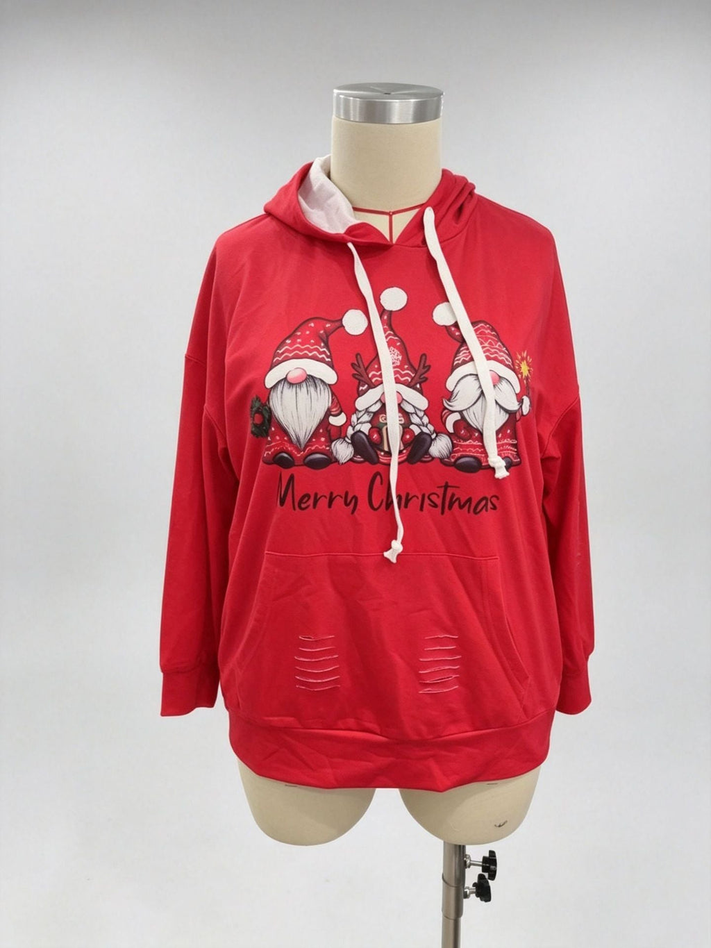 Amazon European And American Cross-border Autumn Women's Clothing Christmas Gnome Print Distressed Pocket Hooded Sweatshirt In Stock