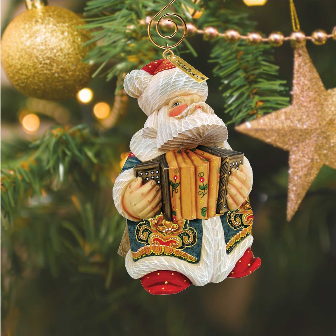 Accordion Santa Sculpted Hand-Painted Christmas Figurine by G. Debrekht - Snowman Decor