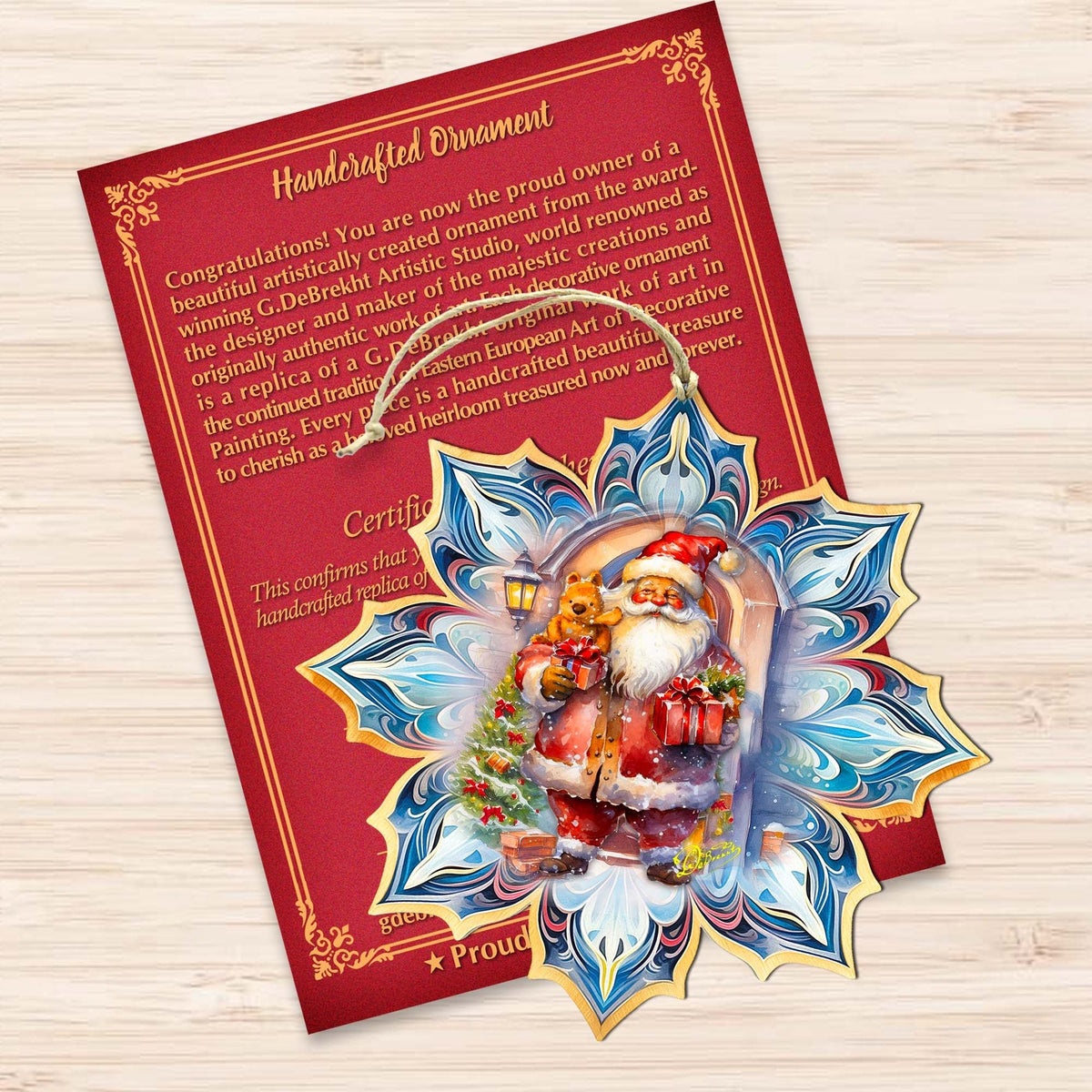 Santa with Gifts Snowflake Wooden Ornaments by G. Debrekht - Christmas Santa Snowman Decor - 8688421