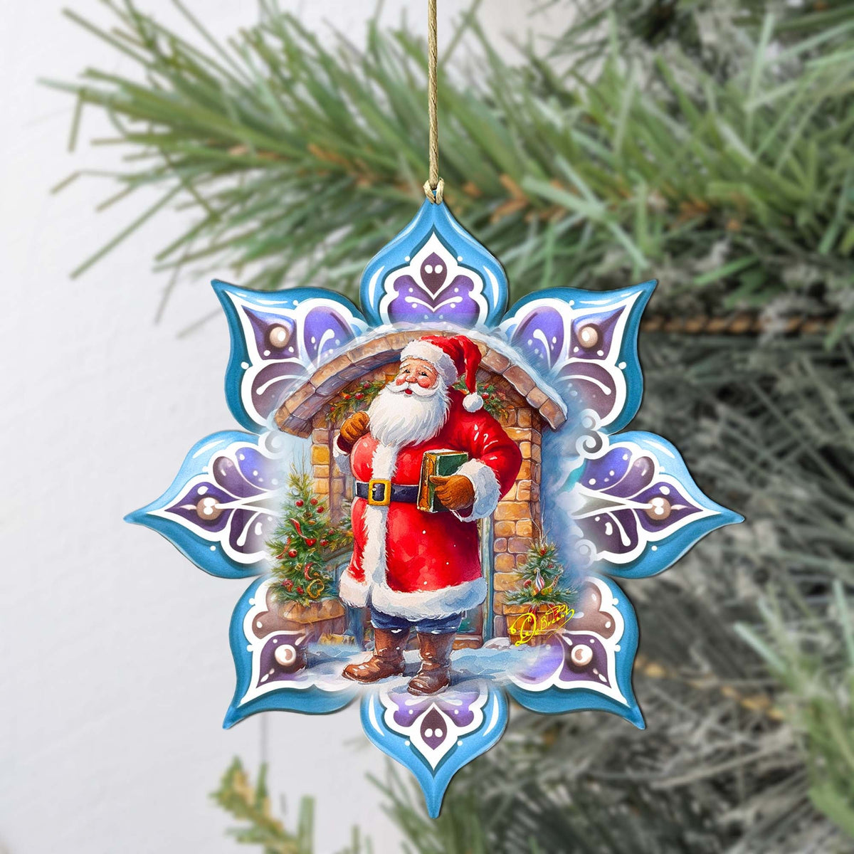 Santa with Book Snowflake Wooden Ornaments by G. Debrekht - Christmas Santa Snowman Decor - 8688420