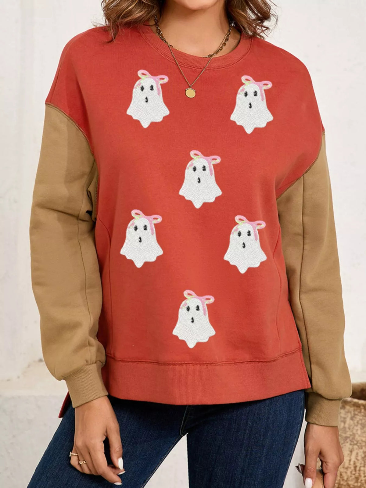 Halloween Glitter Ghost Patched Pattern Color Block Sweatshirt