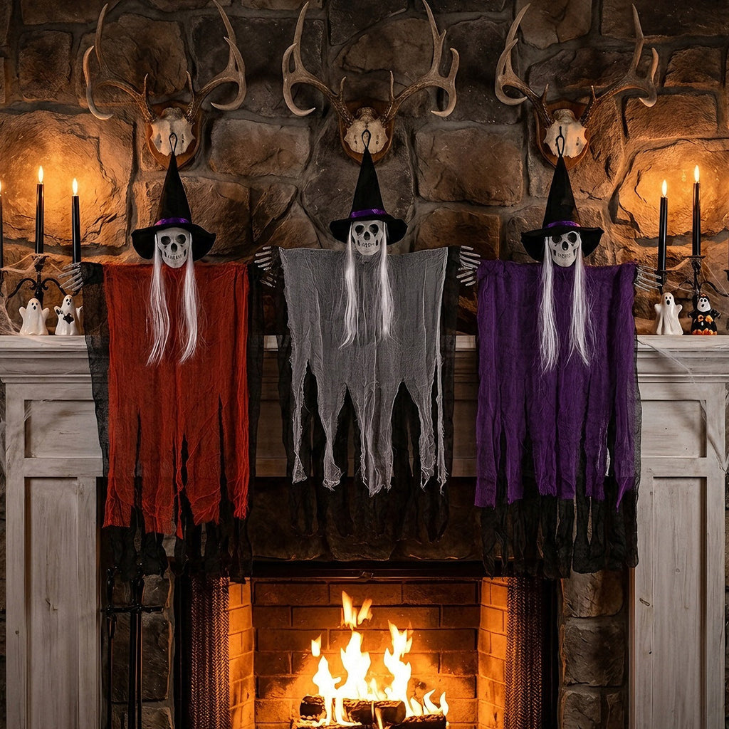 Halloween Skull Witch Hanging Ornament - Scary Holiday Party Home Decor Pendant