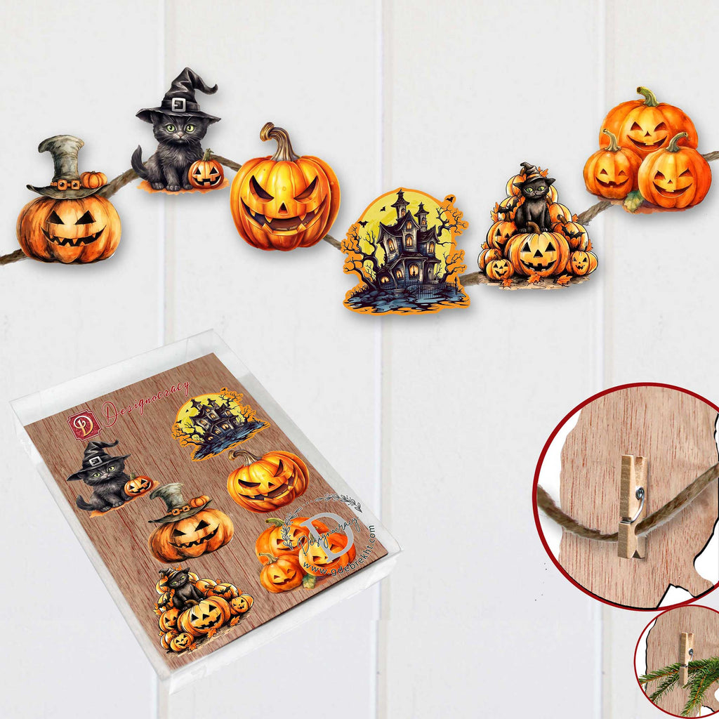Spooky pumpkins Clip-On Eco Wood Decorative Ornaments Set of 6 by G. Debrekht - Halloween Decor - 8090019C-S6