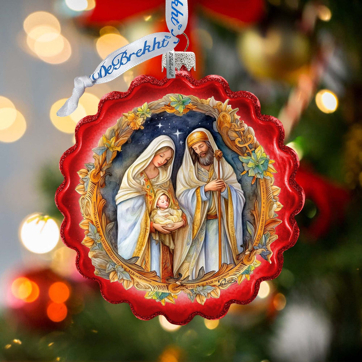 Classic Holy Family Nativity Wreath Glass Ornament by G. Debrekht - Christmas Santa Snowman Décor - 759-059
