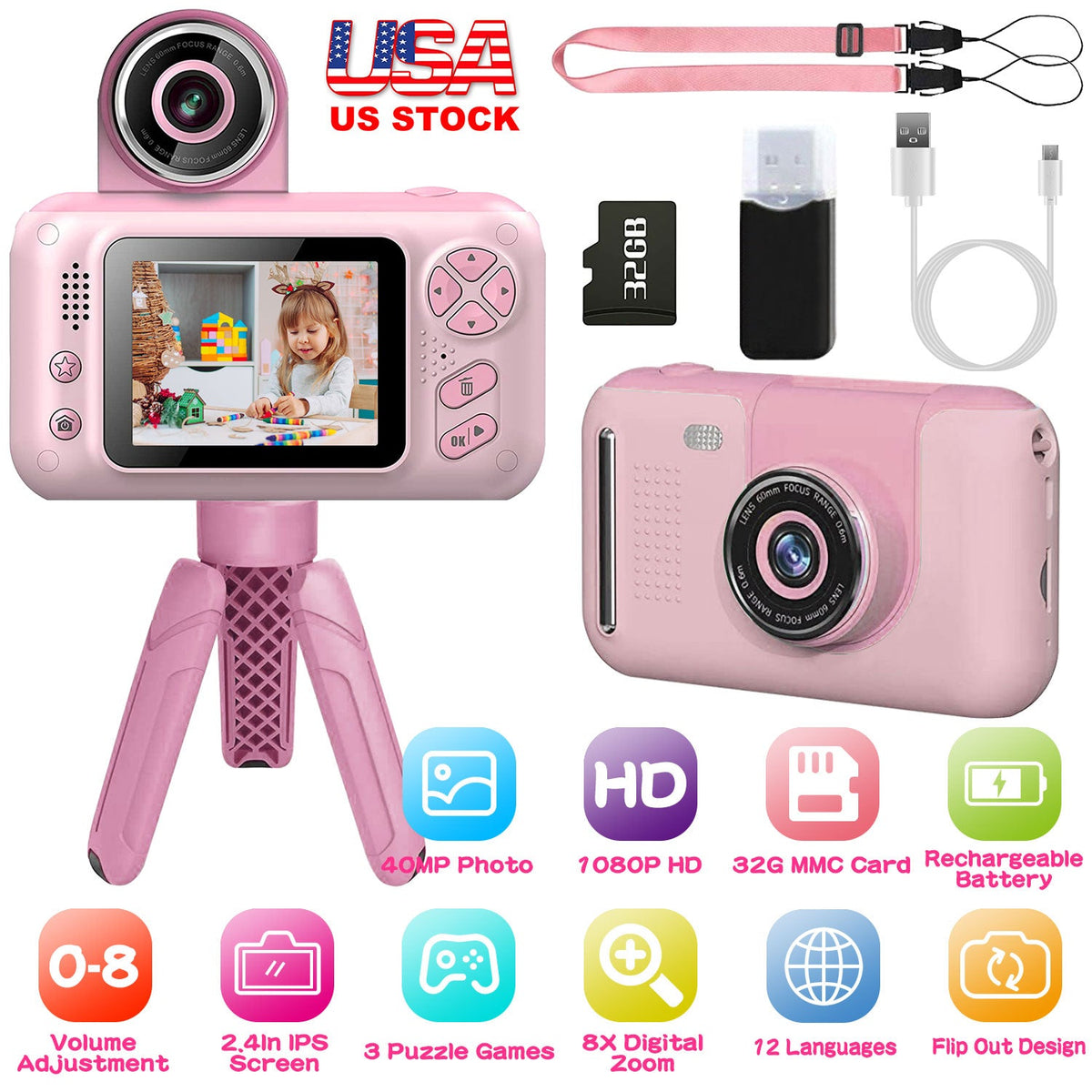Kids Digital Camera with Flip Lens Children Video Camcorder Christmas Toy Birthday Gifts with Tripod 2.4in Screen 32G MMC Card for 3-10 Year Old Boys